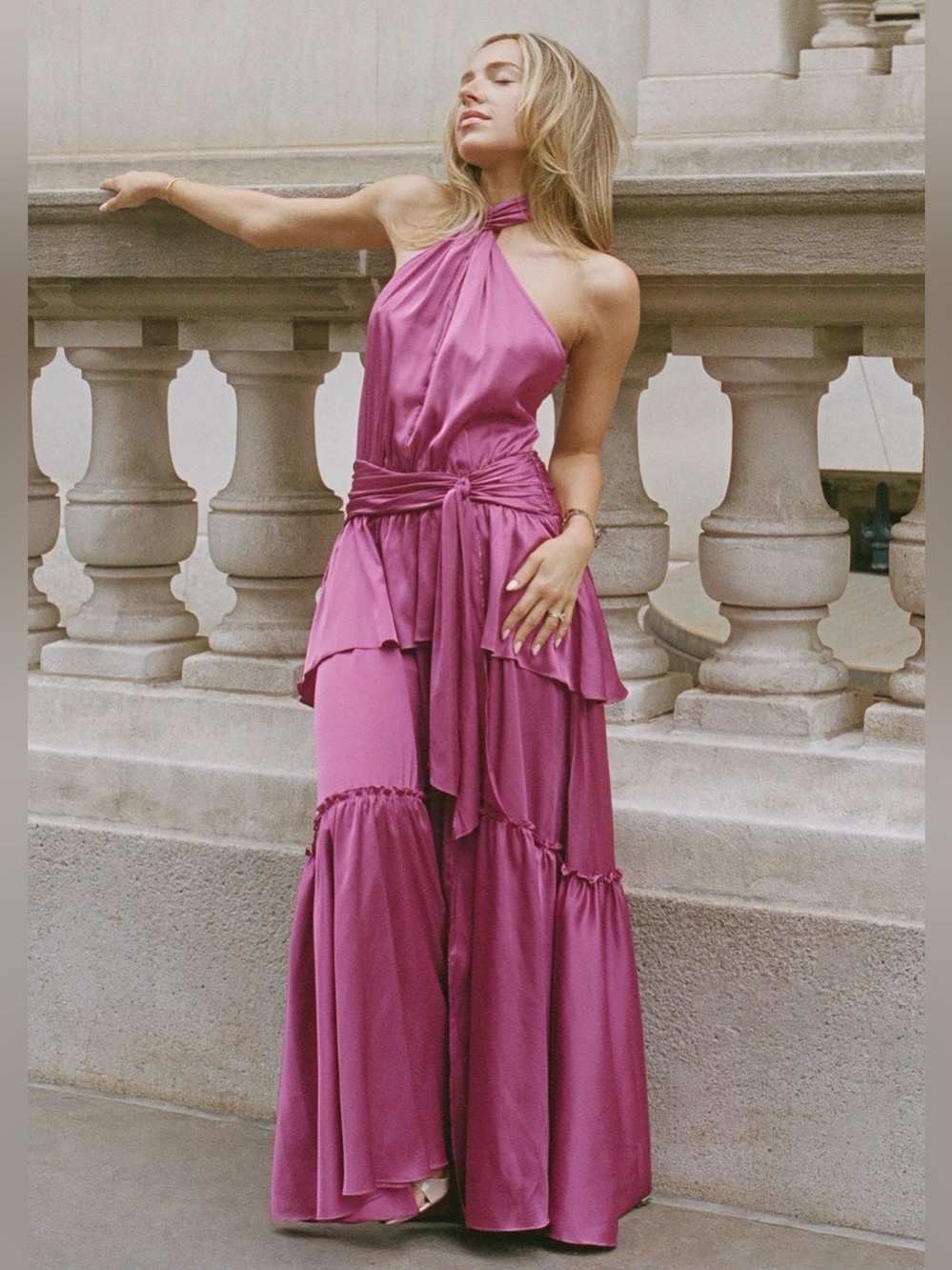 Few Moda x Greta Louise Tome NWT Magenta Halter Satin Sintra Gown